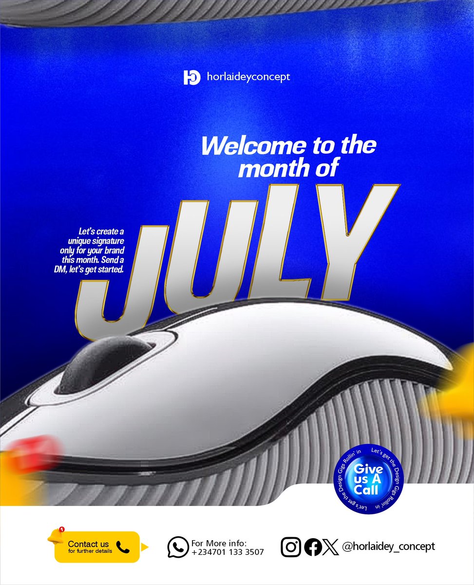 horlaidey_c's tweet photo. ✨ Hello, July!

A new month means new opportunities to elevate your brand. Don't let your business blend into the crowd—stand out with creative, professional designs that leave a lasting impression.

📩 Send a DM today, and let's create something exceptional this month. https://t.co/q9HgPTLfle