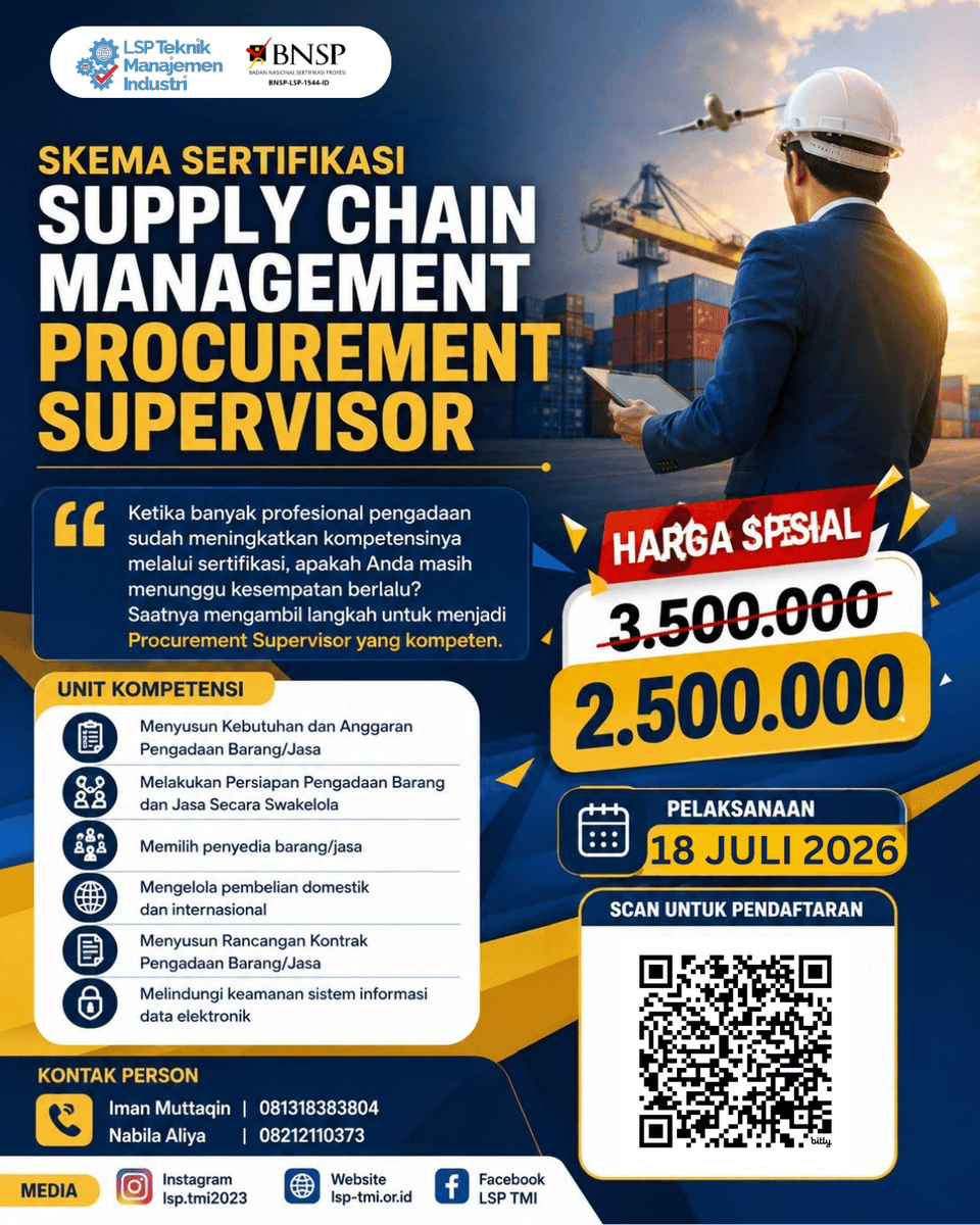 LspTmi's tweet photo. Masih terlibat dalam proses pengadaan, tapi belum punya sertifikasi kompetensi?
Banyak profesional procurement saat ini sudah meningkatkan nilai kompetensinya melalui sertifikasi. Sementara itu, persaingan kerja semakin ketat dan perusahaan semakin selektif  memilih SDM  kompeten https://t.co/L6qS8Y24fA