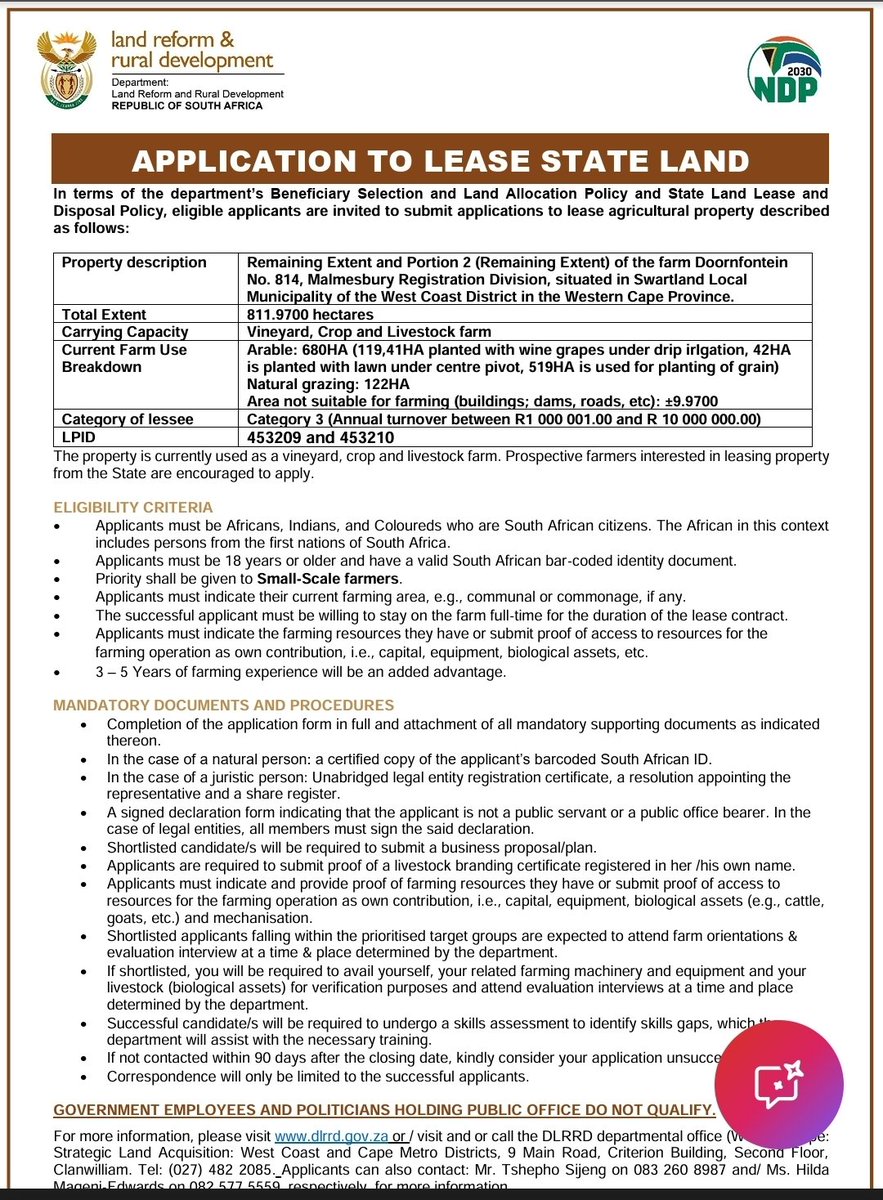 DLRRD_za's tweet photo. Application for State Lease Farms for your attention.
Please find link below for more information:

https://t.co/YRWCanY1Ff

 #govzaupdates #dlrrdatwork #governmentza #GovernmentAtWork @governmentza @gcismedia @vukuzenzelegcis https://t.co/rntOMTaLaz