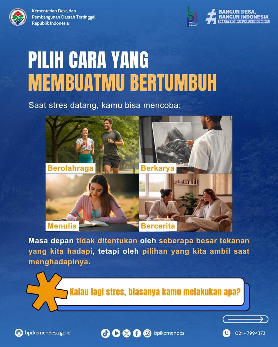 bpikemendes's tweet photo. Mengelola stres bisa dimulai dari langkah-langkah sederhana: luangkan waktu untuk beristirahat, lakukan aktivitas fisik, bercerita kepada orang yang dipercaya, menjaga pola makan dan tidur, serta menyempatkan diri melakukan hal-hal yang disukai. https://t.co/UKgWNC8bEH