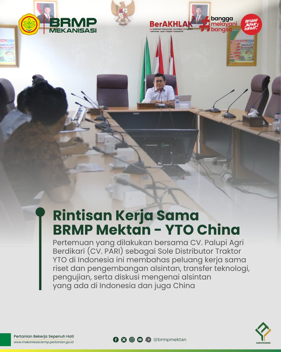 brmpmektan's tweet photo. BRMP Mektan menerima kunjungan YTO China, perusahaan manufaktur alat dan mesin pertanian asal Tiongkok, bersama dengan CV. Palupi Agri Berdikari (CV. PARI) sebagai Sole Distributor Traktor YTO di Indonesia untuk membahas peluang kerja sama dalam pengembangan mekanisasi pertanian. https://t.co/CdWGANvXku