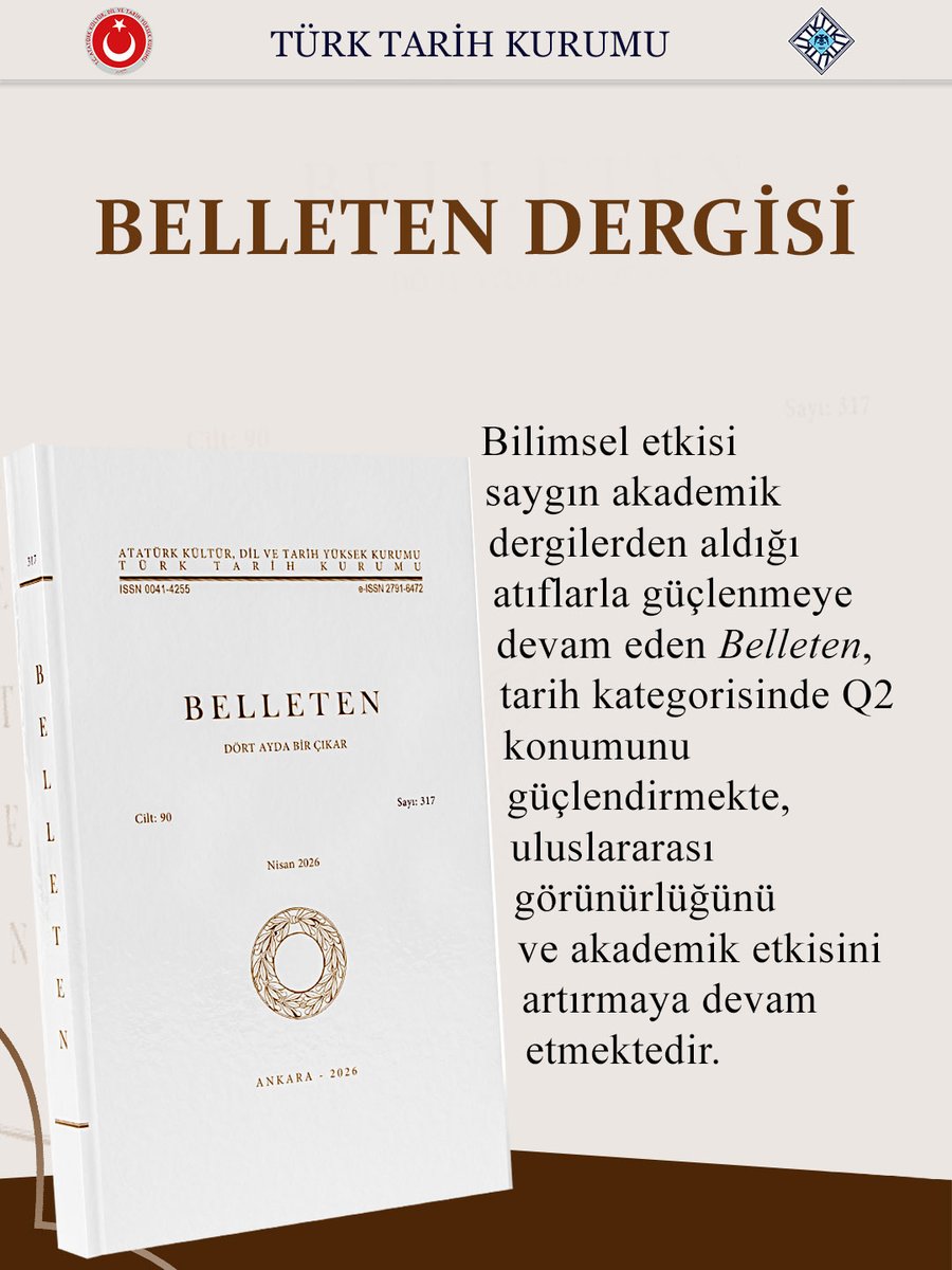 ttkgovtr's tweet photo. 2026 yılı Dergi Atıf Raporları, Türk tarihçiliğinin köklü yayınlarından Belleten dergimizin uluslararası akademik yayıncılıktaki yerini güçlendirdiğini ortaya koydu. 

#TTKyayınları
#Belleten https://t.co/r59MlkJvhK