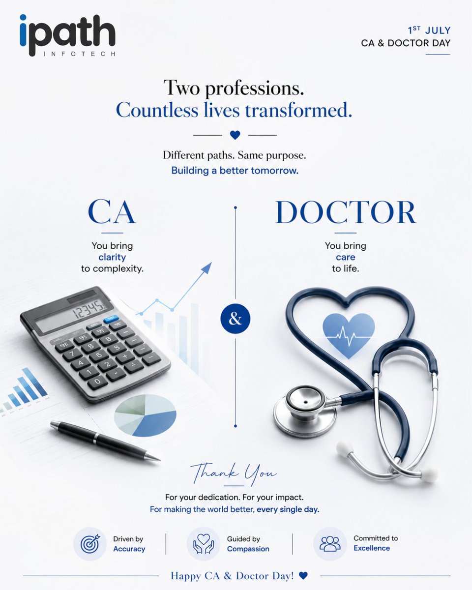 ipath_infotech's tweet photo. Some save lives.
Some safeguard livelihoods.

Today we celebrate every Doctor and Chartered Accountant whose dedication, integrity, and expertise build a stronger tomorrow.

Happy CA Day &amp; National Doctors' Day.

#CADay #DoctorsDay #NationalDoctorsDay #iPathInfotech https://t.co/0BAj1lCELI