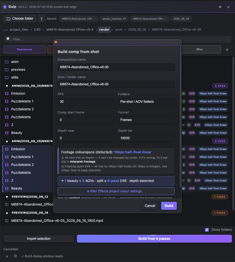 jay_at_chroma's tweet photo. Introducing GULP for After Effects.
Modern file browsing and import for media and render passes, with custom multi pass EXR support.
Coming soon...
#aftereffects #plugin #afx #ae #adobe #rendering #redshift #octane #vfx #compositing #motion #motiondesign #animation #cgi https://t.co/UUrkKb2Wu0