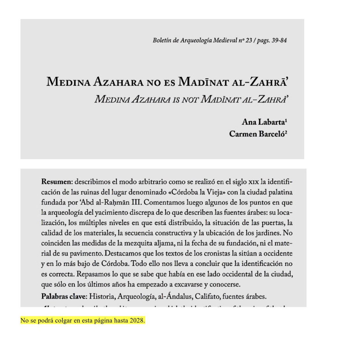 jero_s_velasco's tweet photo. En la misma revista sale un artículo de Ana Labarta y la fallecida Carmen Barceló que afirma que Medina Azahara NO es Medina Azahara, según un estudio textual. Esta teoría la defienden desde hace años y ahora inciden de forma contundente. https://t.co/lQGOy0cr4G
