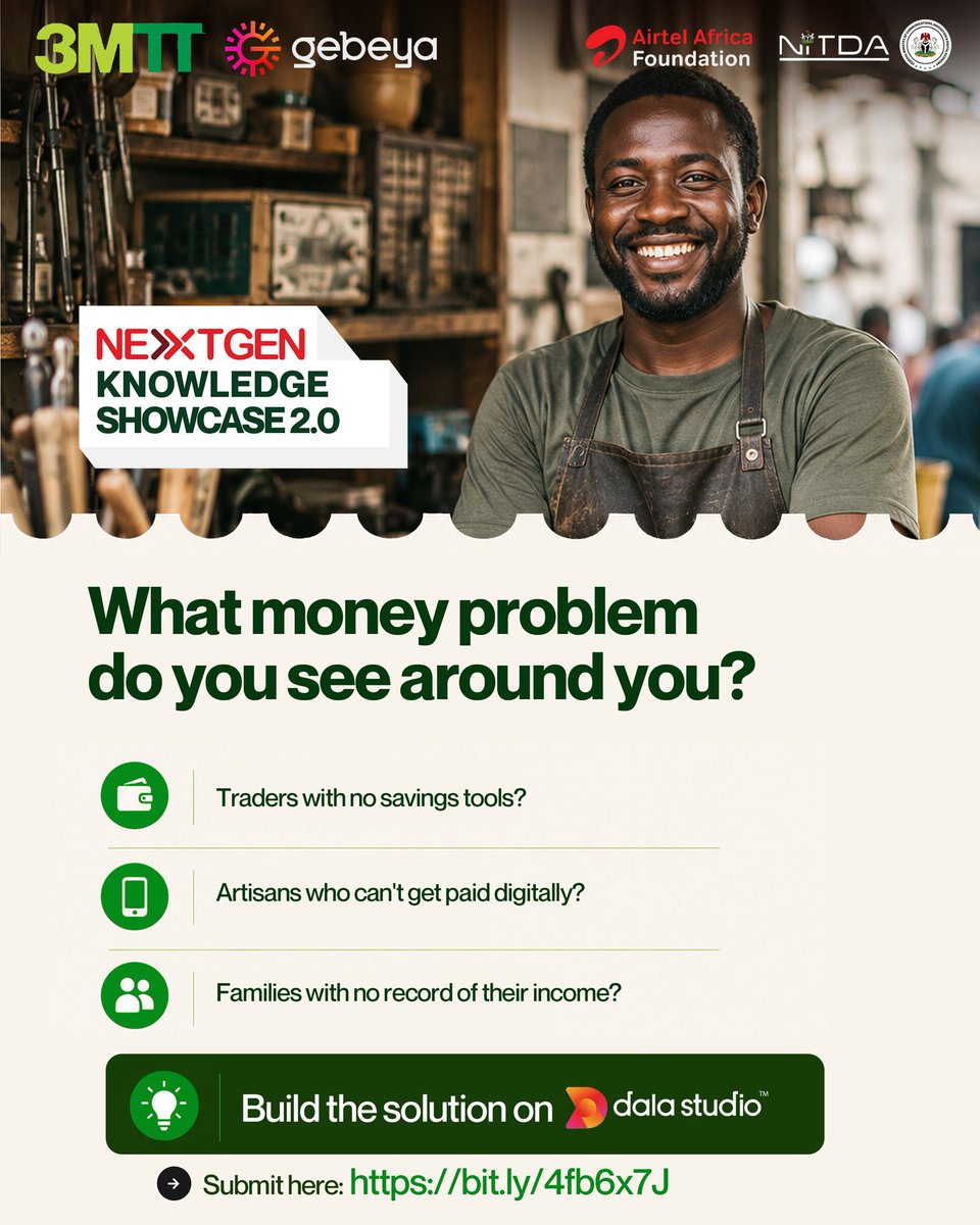 bchhub_ng's tweet photo. Solve real problems in the informal economy! Build a savings/esusu tool, payment helper, or micro-lending app in your local language. Use #DalaStudio or any tool you like.

Build &amp; submit before July 13th!

Submit here: https://t.co/uwLYhgdRoQ

#3MTT #Gebeya https://t.co/Igz7w2NeSA