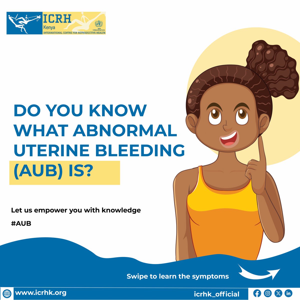 icrhk_official's tweet photo. Heavy periods aren't always "normal."
Abnormal Uterine Bleeding #AUB can affect women &amp; girls of all ages, yet many delay seeking care.
Swipe through to learn the signs, when to seek medical attention and why awareness matters.
#WomensHealth #MenstrualHealth #ICRHK https://t.co/p7MxAYHcEC