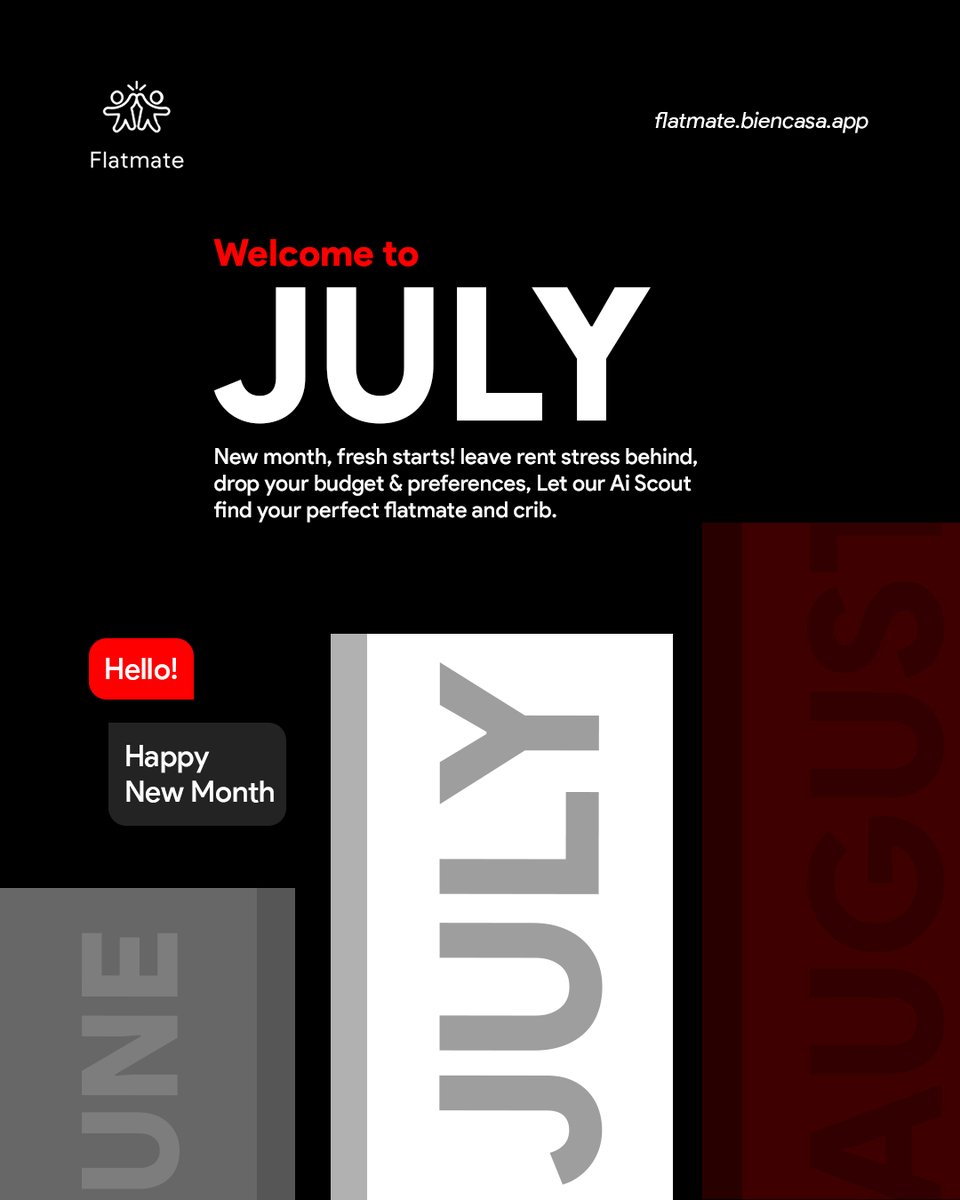 biencasaapp's tweet photo. Welcome to July!
New month, fresh starts and new beginnings. Time for better living, less rent stress, and finding your perfect flatmate and crib.
Let this July bring you peace, good vibes, and a home that truly feels right. https://t.co/TDR2FQJV4K