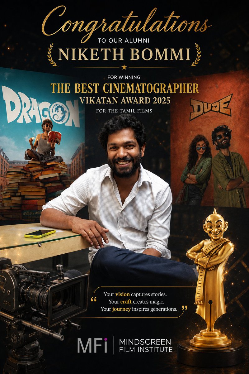 i_mindscreen's tweet photo. Congratulations to Our Alumnus nikethbommi
One and all at MFI extend our heartfelt congratulations to our distinguished alumnus Niketh Bommi on being honoured with the Vikatan Award 2025 for Best Cinematographer for his exceptional work in the Tamil feature films Dragon and Dude. https://t.co/KNT41vTEvw