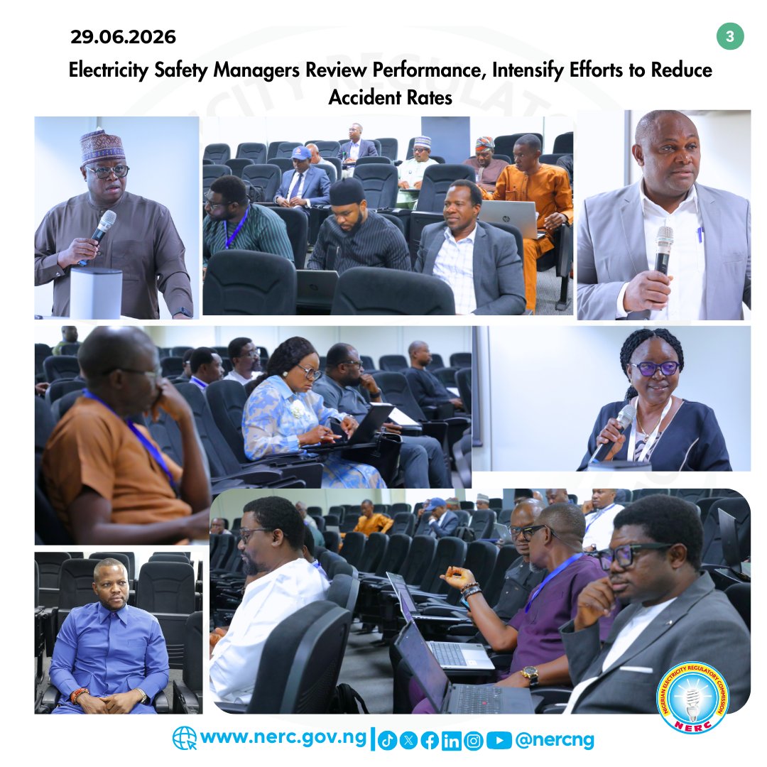 NERCNG's tweet photo. Electricity Safety Managers Review Performance, Intensify Efforts to Reduce Accident Rates

Health, safety and accident prevention took centre stage on Monday, 29 June 2026, as the Nigerian Electricity Regulatory Commission (NERC) convened the first biannual Health, Safety and Environment (HSE) meeting for the Nigerian Electricity Supply Industry (NESI) in Abuja.

The three-day meeting brought together HSE and Performance Managers from Generation Companies (GenCos), the Transmission Company of Nigeria (TCN), and Distribution Companies (DisCos) to review industry safety performance and develop strategies for reducing accidents across the electricity value chain.

Speaking at the opening session, the Head of Technical Regulation Division at NERC, Engr. (Dr.) Abu Kadiri, announced the release of the new Health and Safety Code and urged participants to ensure its effective implementation by sensitising staff within their respective organisations. He also highlighted the Commission's ongoing accident reduction initiatives aimed at improving safety performance across the industry.

Also speaking, the Head of Health, Safety and Environment at NERC, Dr. Jonathan Okoronkwo, identified stakeholder sensitisation against the vandalism of critical power infrastructure as one of the Commission's key safety initiatives, noting that protecting electricity assets is essential to safeguarding lives and ensuring reliable power supply.

The meeting featured presentations and discussions on: Review of significant incidents and safety compliance across the industry; Assessment of HSE budget implementation; Strategies for accident prevention and reduction; and Legal considerations in accident investigation and regulatory compliance.

Held twice annually, the HSE meeting provides a platform for stakeholders to review safety performance, share best practices, and reinforce a strong safety culture across the Nigerian Electricity Supply Industry.

#NERC #Electricity #Safety #HSE #NESI #DisCos #GenCos #TCN