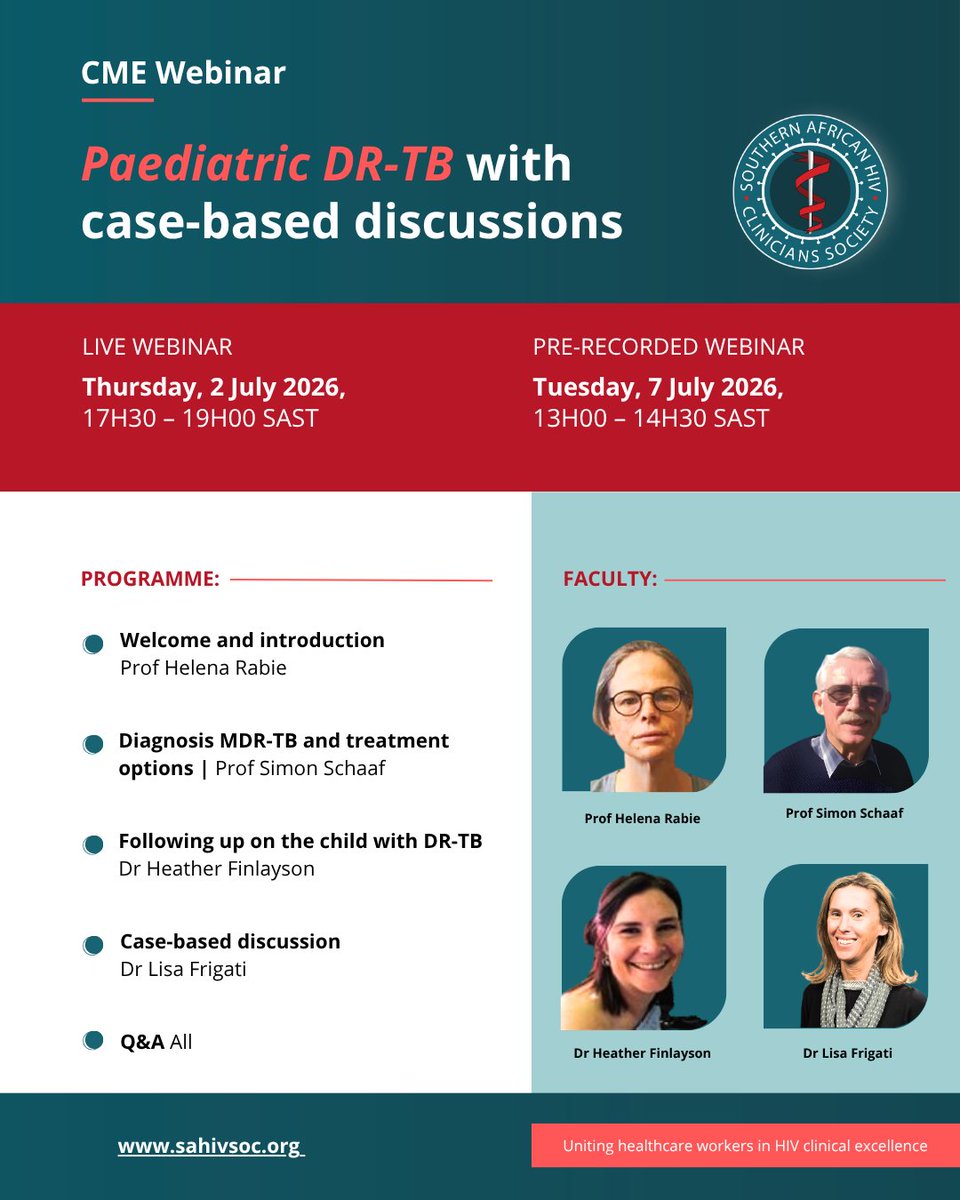 SAHIVSoc's tweet photo. Join us! CPD- accredited webinar
Live: Thu 2 July, 17h30–19h00 SAST https://t.co/AuV3vMa2LQ

Pre-recorded: Tue 7 July, 13h00–14h30 SAST
https://t.co/XOJxL2wT8m

@paed_sa @TBAC_sa 
#TuberculosisCare #ChildHealth https://t.co/rs3fV3RwCU