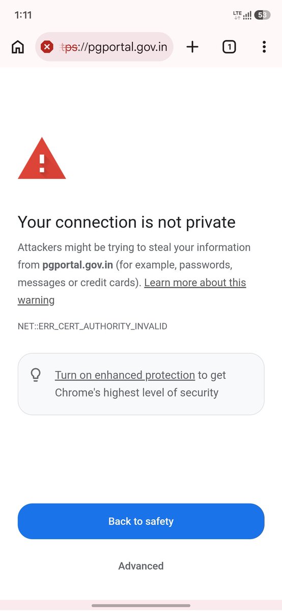 Legalassociate_'s tweet photo. दिनांक 01-07-2026
@CPGRAMSIndia पोर्टल(https://t.co/hQSeT7yDPP)खुल नही रहा है।
ChromeपरNET::ERR_CERT_AUTHORITY_INVALID error आ रहा है।
कृपया SSL/certificate समस्या जल्द ठीक करें। @DARPG_Gol @PMOIndia https://t.co/zT1TetqujU