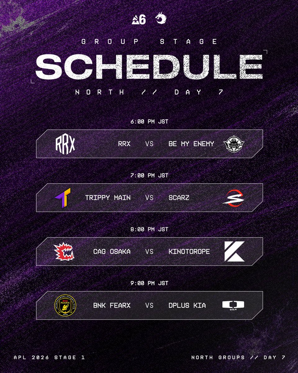 Rainbow6JP's tweet photo. ◤Asia Pacific League 2026 APAC North◢
―Stage 1: Group Stage―

🙌試合開始まであと1時間🤟

第1試合は、グループステージ敗退が決まってしまった2チームが対戦！
Stage 2へ向けて弾みをつけるためにも、勝利でStage 1を締めくくるのはどちらか🔥

🗓️Group Stage Day 7スケジュール
🕕18:00
🆚RRX vs Can You Be My Enemy?

🕖19:00
🆚Trippy Main Telecom vs SCARZ

🕗20:00
🆚CAG by VARREL vs KINOTROPE gaming

🕘21:00
🆚BNK FearX vs Dplus Kia

📺配信はこちら
🔴YouTube
https://t.co/38UVxHJNux
🟣Twitch
https://t.co/YK2hQW3n6J