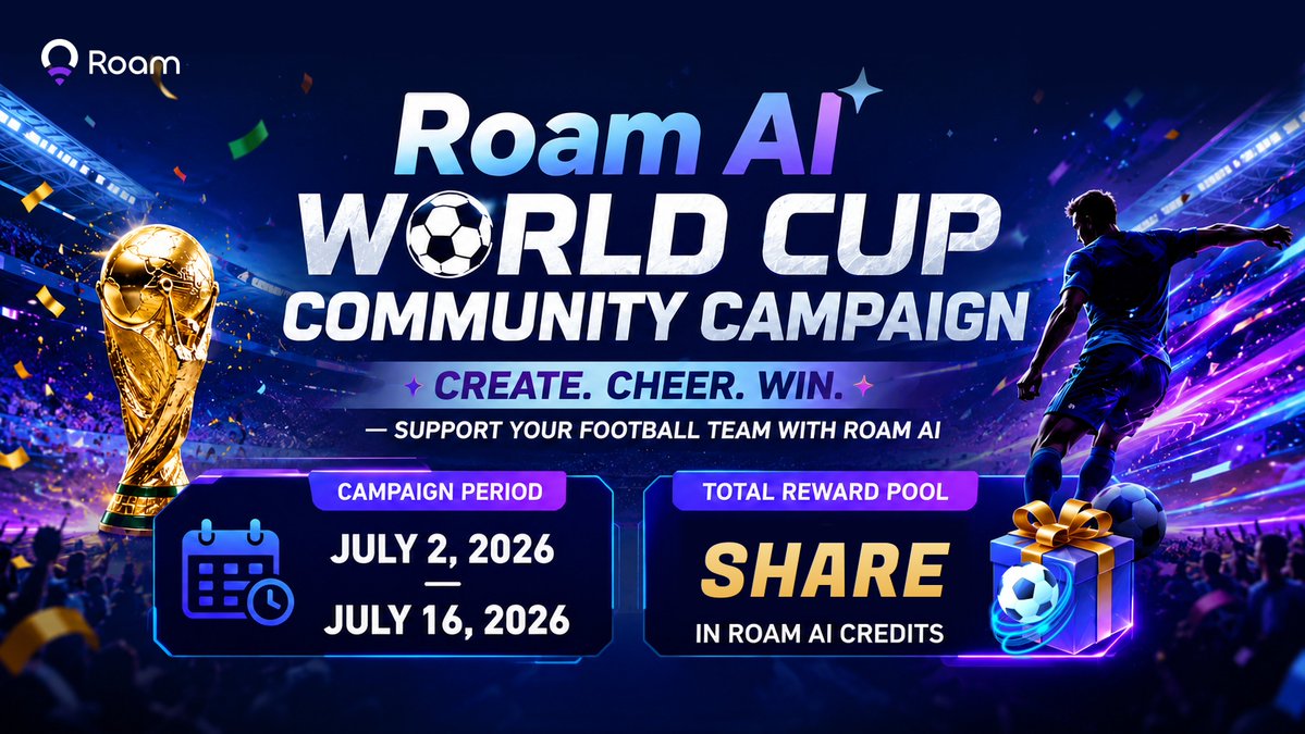 weroamxyz's tweet photo. The World Cup is at its loudest. Time to create your team's moment with Roam AI.⚽️
Create. Cheer. Win. 🏆

🗓️ July 2 – July 16
Make a poster, stadium scene, hype video, or fan meme for the team you’re backing — all built with Roam AI.

💰 15 selected creators will share the prize pool in Roam AI credits.

How to join:
1️⃣ Create your fan content with Roam AI
2️⃣ Comment under this tweet
3️⃣ Include your team + a short message + your Roam App referral code

✨ Full rules in the link below: https://t.co/PSjcdsApc7

Whose colors are you flying?