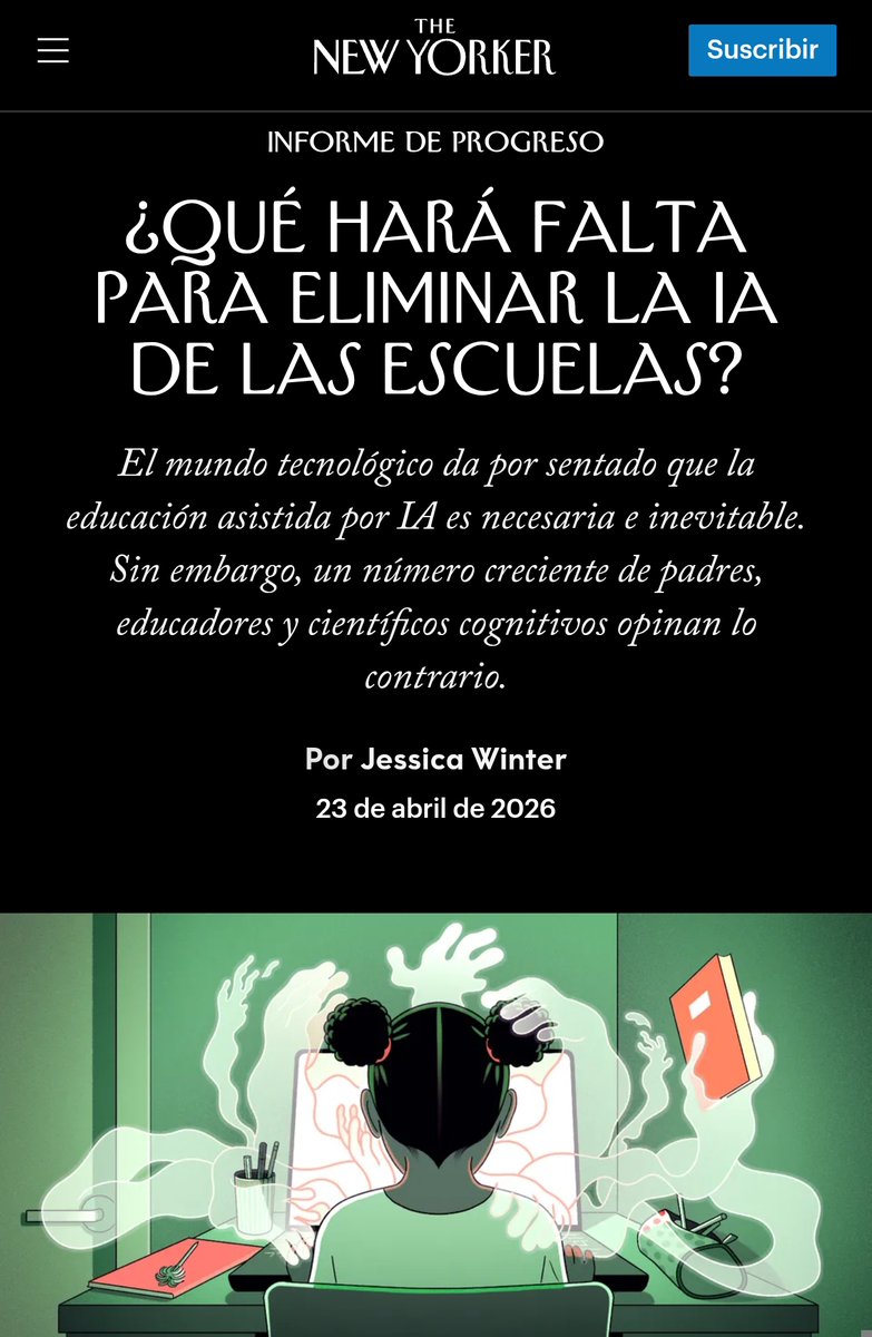 virginiog's tweet photo. Artículo sobre cómo la IA se infiltra en aulas de primaria y secundaria, se considera que se debe preparar nuevas generaciones en habilidades digitales 

Riesgos: atrofia cognitiva, desarrollo emocional y dereiorao aprendizaje

¿Hay tiempo para la pausa?
https://t.co/WNh5k1UJNk https://t.co/3JTfjh9cAT