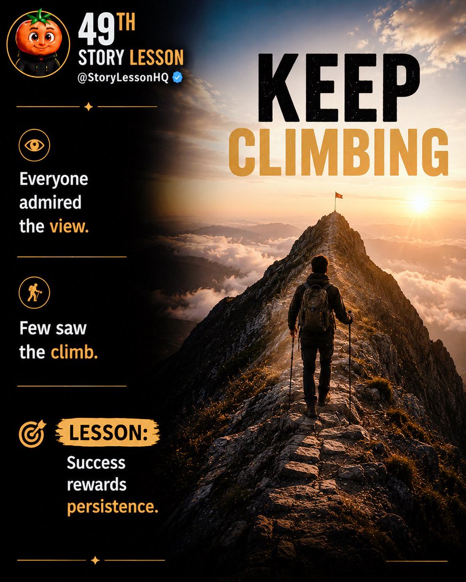 StoryLessonHQ's tweet photo. Everyone celebrates the success.

Few respect the struggle that made it possible.

Keep climbing. One day, your journey will inspire someone else.

What’s one challenge you’re refusing to give up on? ⛰️👇 https://t.co/RAUwkThNes