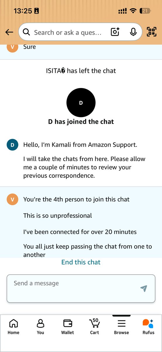 boundlessjoy's tweet photo. Have been trying to get a simple refund issue resolved by @amazonIN customer care and have been on chat with almost 6 agents… this is the new @amazonIN customer care. Please see pictures! Could only attach 4 but there are 6 agents and maybe more will follow. No value for the customer’s time or money.