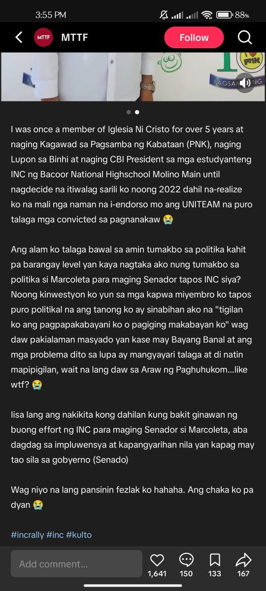 Mang_Enriquez's tweet photo. totoo naman, bawal naman talaga magkapwesto sa politika o tumakbo sa politika ang #INC member, nasa rules nila yan, pero di din naman sinusunod at hindi tinitiwalag dahil nga naman kapaki pakinabang sa Kulto nila na may magbibigay sa kanila ng malaking pabor,😅 💩
#KultoNiManalo https://t.co/CtY0TkTkI3