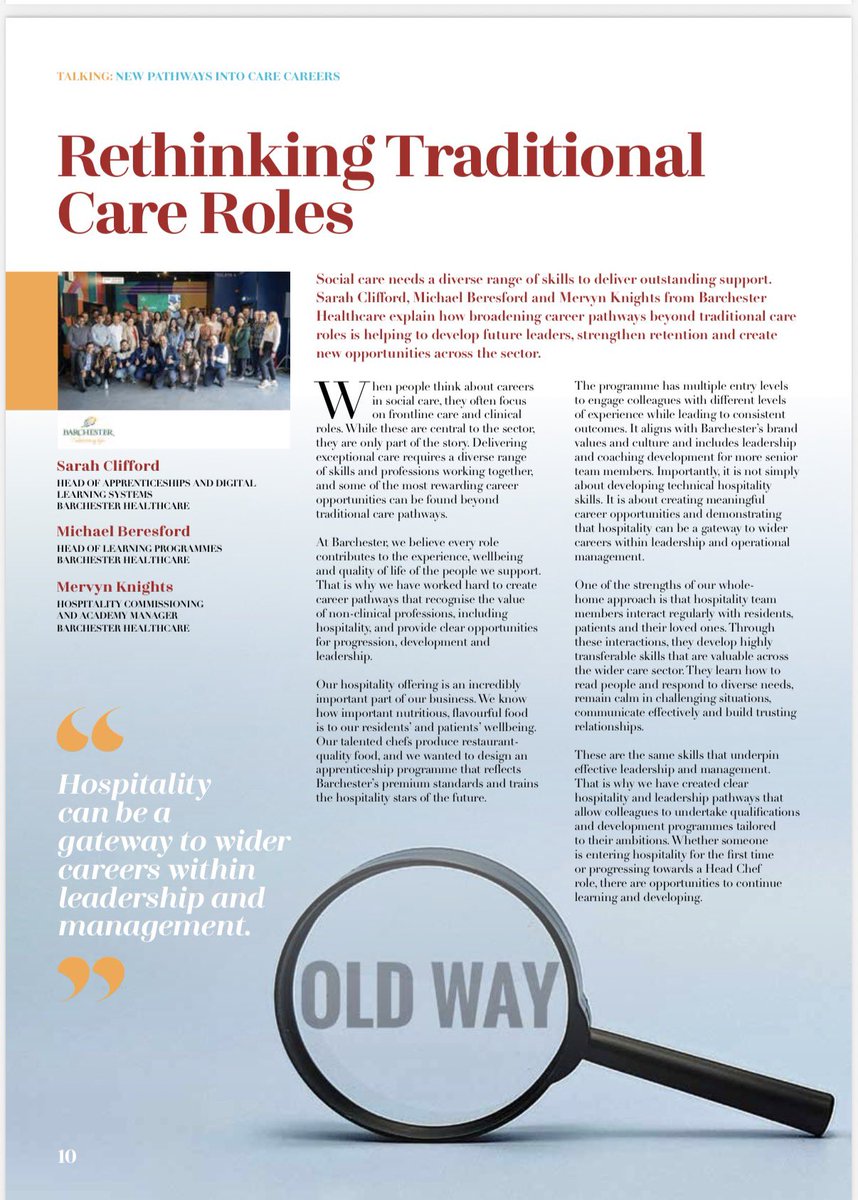 CareTalkMag's tweet photo. In this issue: 𝐑𝐞𝐭𝐡𝐢𝐧𝐤𝐢𝐧𝐠 𝐓𝐫𝐚𝐝𝐢𝐭𝐢𝐨𝐧𝐚𝐥 𝐂𝐚𝐫𝐞 𝐑𝐨𝐥𝐞𝐬

@Barchester_care explain how broadening career pathways beyond traditional care roles is helping to develop future leaders &amp; strengthen retention 

https://t.co/1KolGcCoNj PG 10
#socialcare https://t.co/BetkZxiVD8