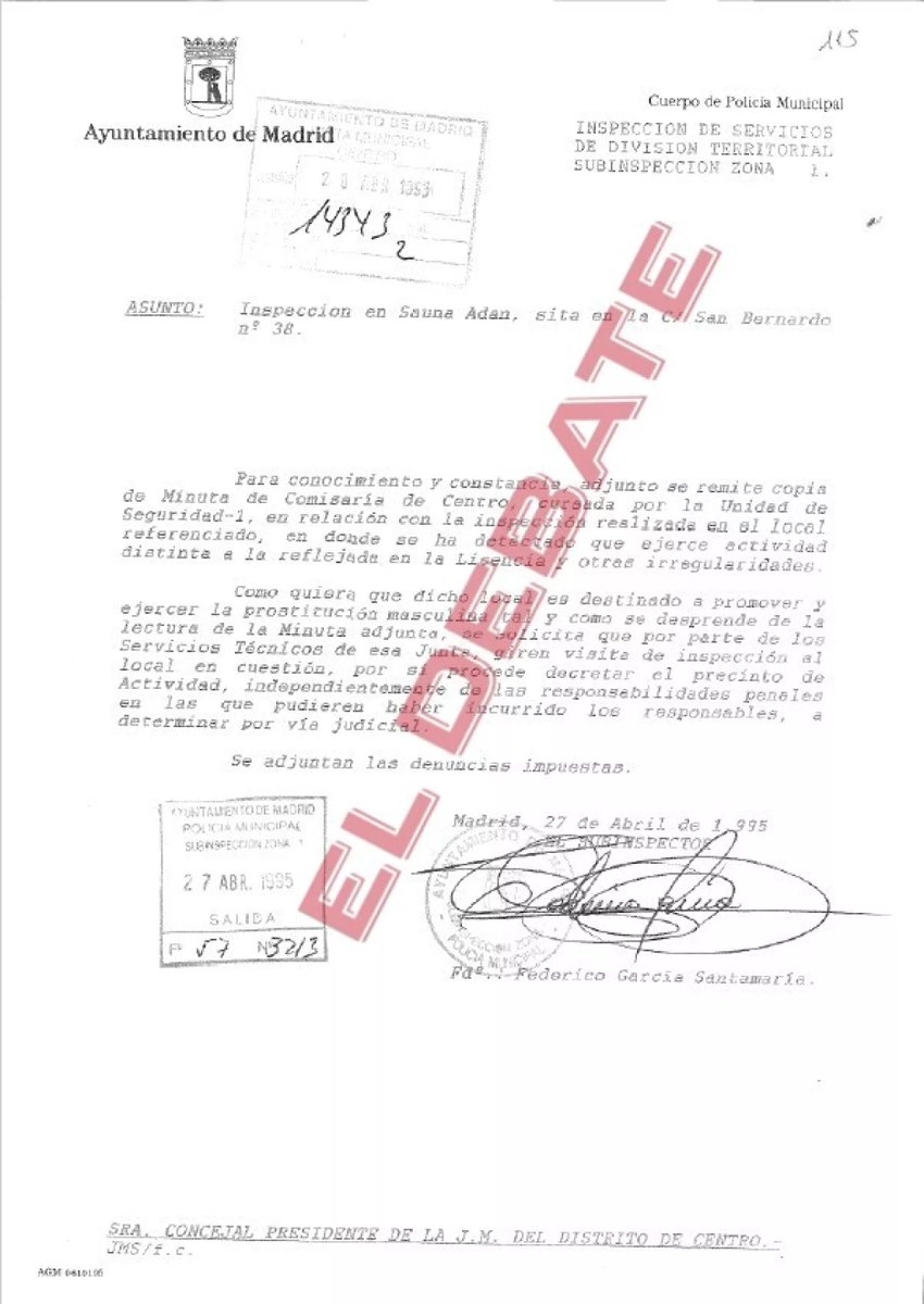 MuyLiberal's tweet photo. Begoña no trabajaba en la sauna de su padre: era un prostíbulo

El 25 de abril de 1995 la Policía Municipal se personó en la sauna Adán del suegro de Pedro Sánchez, levantando el acta adjunta en la que, entre otras cosas, se certifica que:

- el local dispone de 14 cabinas individuales con puerta y colchones donde se realizan prácticas sexuales

- en las papeleras del local, así como en la sala de masaje, en la sauna y en las cabinas, aparecen preservativos usados

- se encuentran a dos personas en el interior de una cabina sauna, desnudos y en estado de erección, donde aparecen también restos de drogas

- los fines de semana, coincidiendo con un aumento de la clientela, acuden al local jóvenes de los barrios periféricos a ejercer la prostitución en el interior del local

- el recepcionista se encarga de suministrar a la entrada del local tantos preservativos como sean necesarios previo pago de la entrada

- existe una sala de proyecciones donde se exhiben a los clientes películas pornográficas, al igual que en el bar y en las televisiones que se encuentran en el local