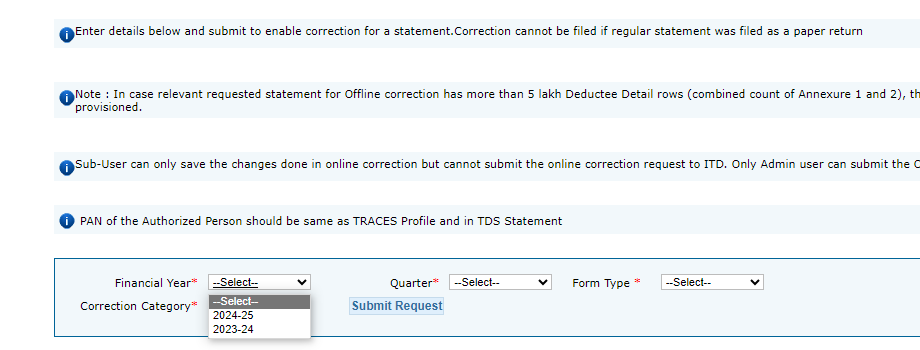 jayashanker_ca's tweet photo. @IncomeTaxIndia Correction Request under TRACES portal does not show FY 2025-26 under the drop-down. Please rectify immediately. https://t.co/UyX171R1Ng