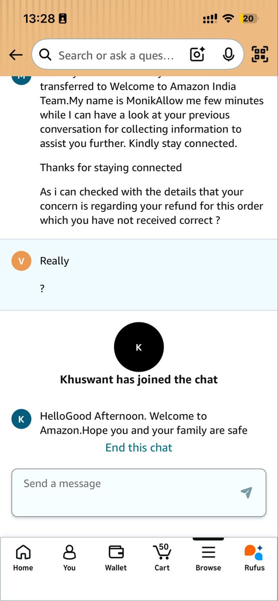 boundlessjoy's tweet photo. Here @amazonIN the 7th agent joined the chat in addition to the AI agent we are forced to speak with. https://t.co/tAg3PlRvGj