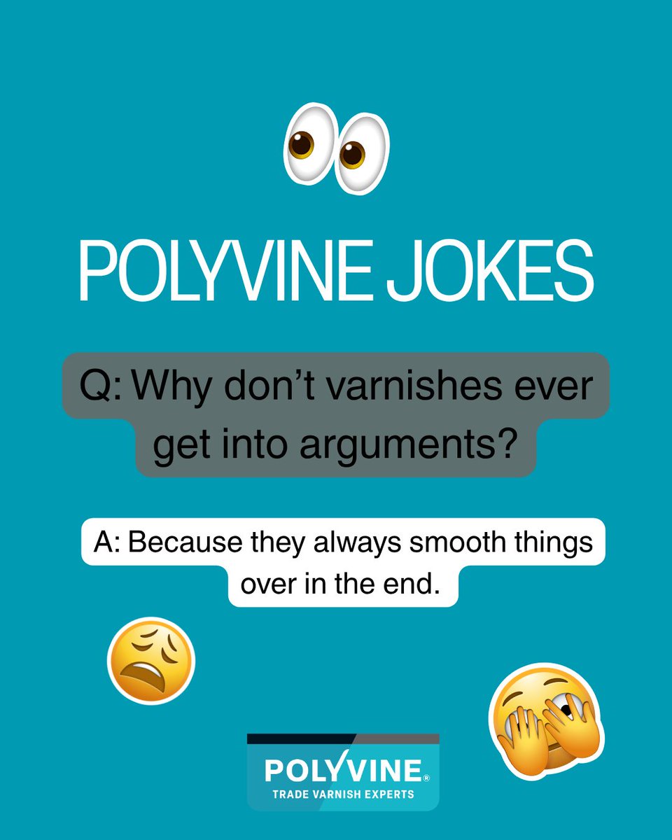 Polyvine's tweet photo. Varnish joke anyone?

It's International Joke Day - best jokes in the comments please 👇👇 (keep 'em clean!)

#internationaljokeday #polyvine #tradevarnishexperts https://t.co/cGUhMi0iGc