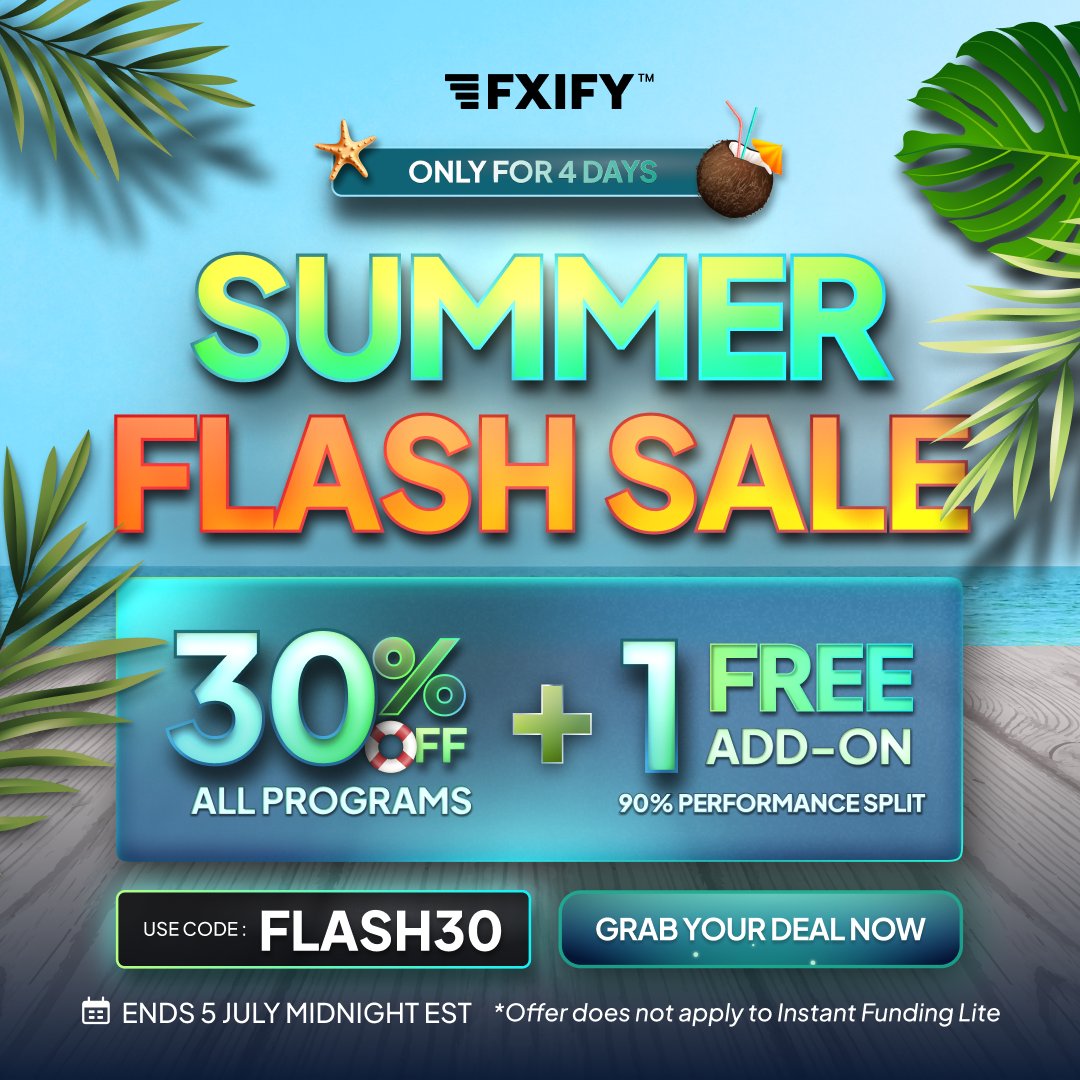 fxifycom's tweet photo. Blink, and you’ll miss it. 

Get 30% OFF All Programs and a FREE 90% Performance Split add-on at FXIFY before the window closes. 

4 DAYS ONLY!
☀️ 30% OFF All Programs
🎟 Code: FLASH30
⏰ Expires: 5 July Midnight EST

 *Excludes Instant Funding Lite. https://t.co/dNDP4Y1kkC