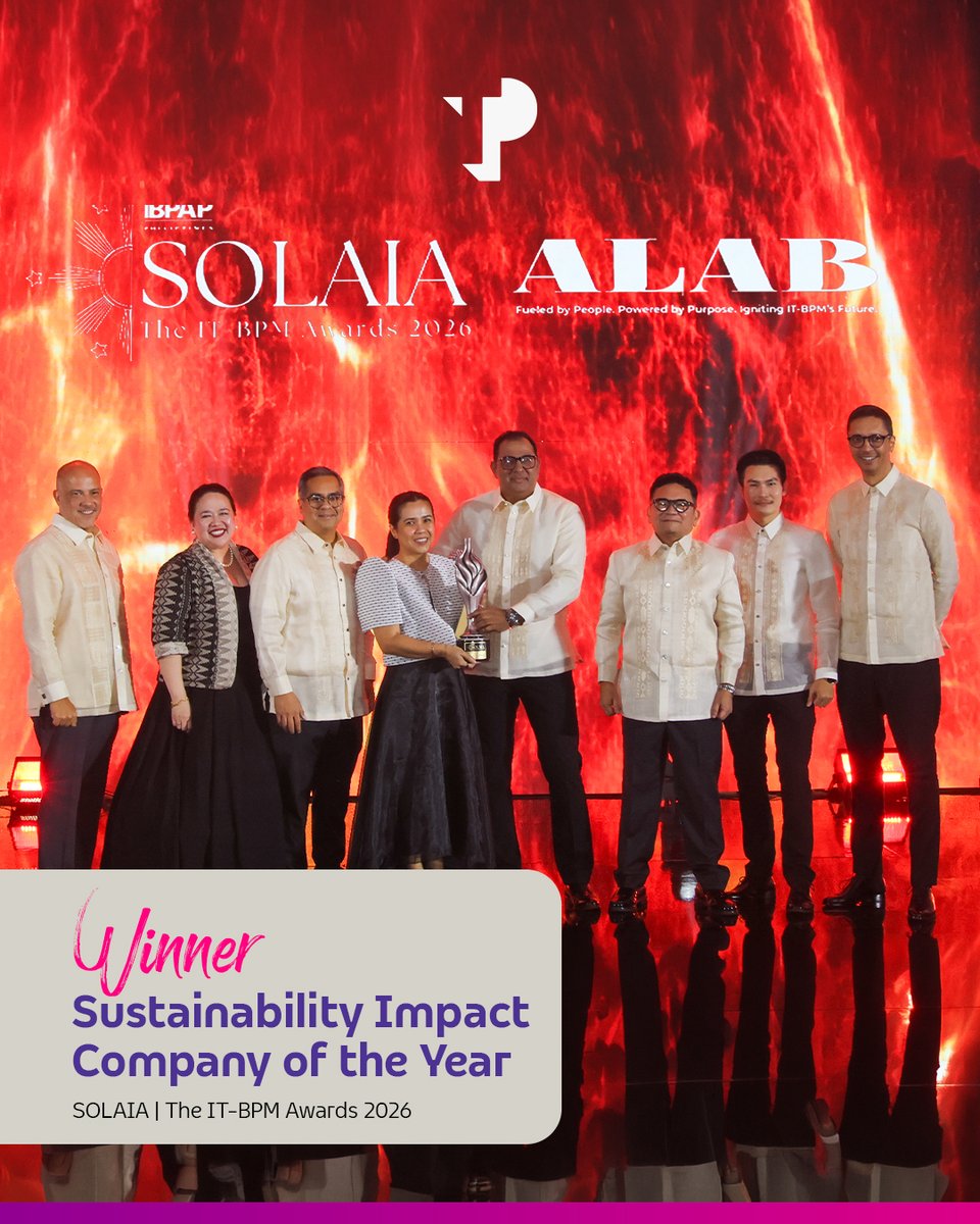 WeAreTPinthePH's tweet photo. We're proud to be named Sustainability Impact Company of the Year at the 2026 IBPAP SOLAIA Awards. 🏆
 
77% lower emissions per employee since 2019
63% renewable energy
87% of leadership roles filled from within
 
#TPPhilippines #WeAreTPPH #SOLAIA2026 #WednesdayWins https://t.co/DHSryZSCAi