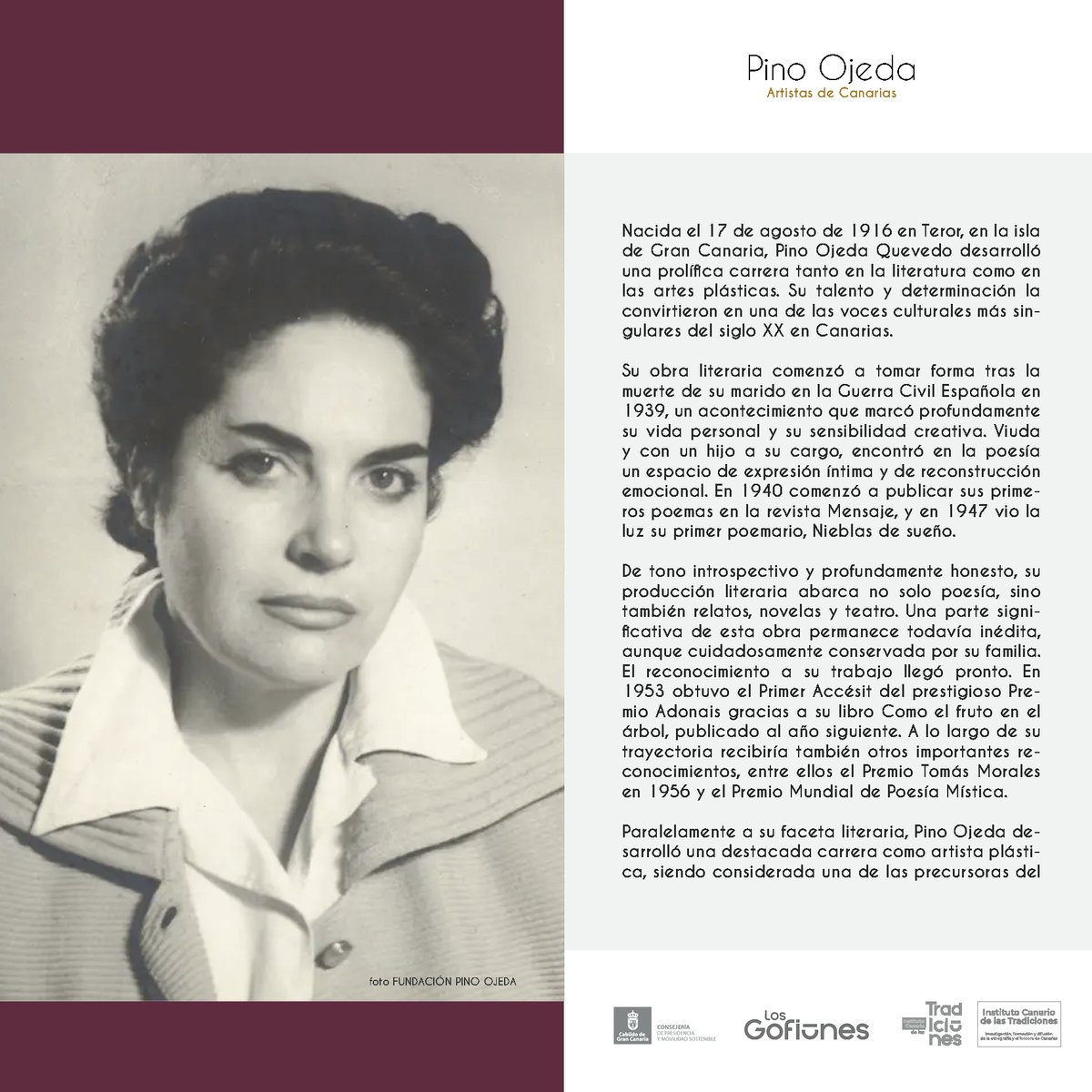 insctradiciones's tweet photo. Pintora, poeta, narradora y promotora cultural, su trayectoria abrió camino en un ámbito artístico y literario tradicionalmente dominado por hombres. Hoy les invitamos a descubrir a Pino Ojeda.
 @LosGofiones  @GranCanariaCab  @CanariaPino https://t.co/zXmqjnlmHD