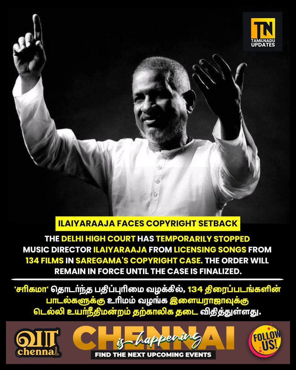 TN_Updates_'s tweet photo. The court held that allowing such licensing could cause irreparable harm if Saregama’s ownership claims are ultimately upheld. The case will continue until a final decision is reached. @tamilnaduupdates 

#Ilaiyaraaja #License #Songs #Saregama #tamilnadupdates https://t.co/P8BYobw5wc