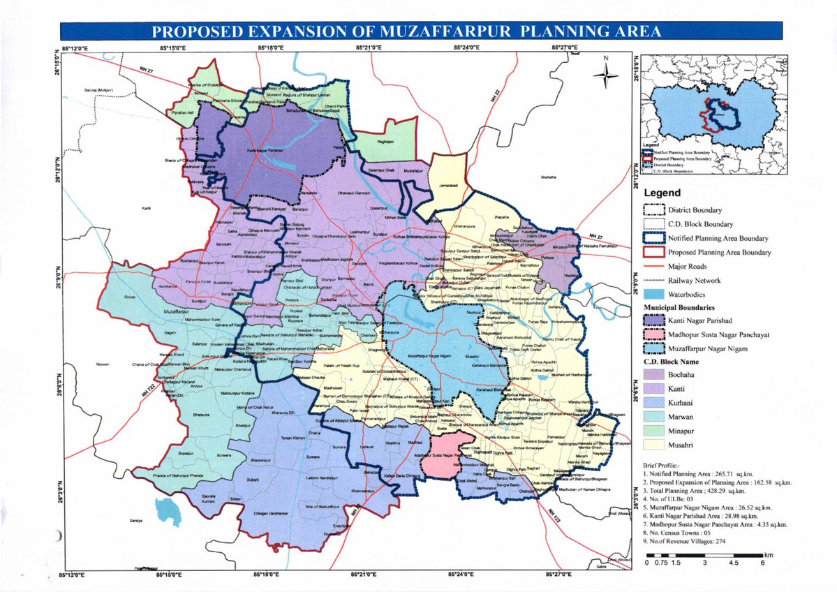 IndexBihar's tweet photo. 🚨 Official Notification Released

Bihar Govt has officially released the notification for expansion of Muzaffarpur Planning Area under the Bihar Urban Planning & Development Act, 2012.

 Key Highlights:
• Planning area expanded from 265.71 sq. km to 428.29 sq. km
• 162.58 sq. km newly added
• Covers Muzaffarpur Municipal Corporation, Kanti Nagar Parishad, Madhopur Susta Nagar Panchayat, 5 Census Towns and 274 Revenue Villages

This notification paves the way for the preparation of the Master Plan for the next 20 years, ensuring planned urban growth, better infrastructure, improved connectivity and sustainable development in and around Muzaffarpur.