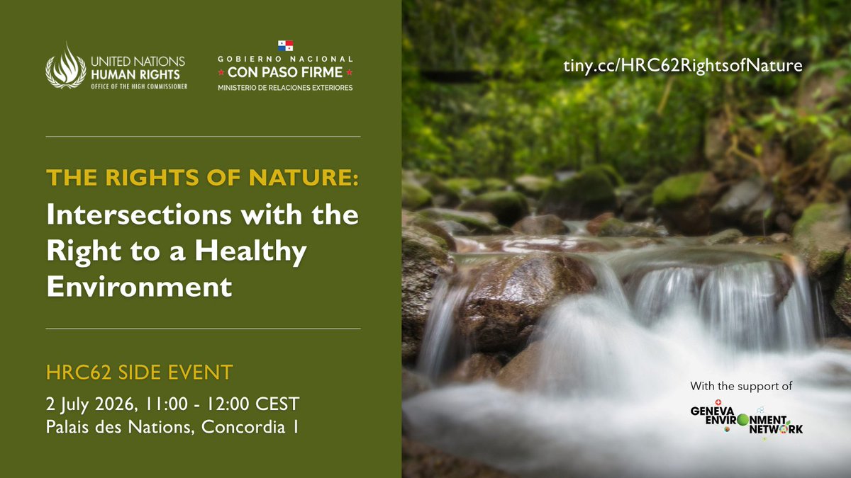 GENetwork's tweet photo. The #RightsofNature framework recognizes ecosystems & natural communities as rights-bearing entities. Join the #HRC62 event exploring how protecting rights of nature could reinforce human rights, inc. right to #HealthyEnvironment.
📆 2 July, 11:00 CEST
▶️ https://t.co/1GvTxHa6QO https://t.co/uWnVZDQeBt