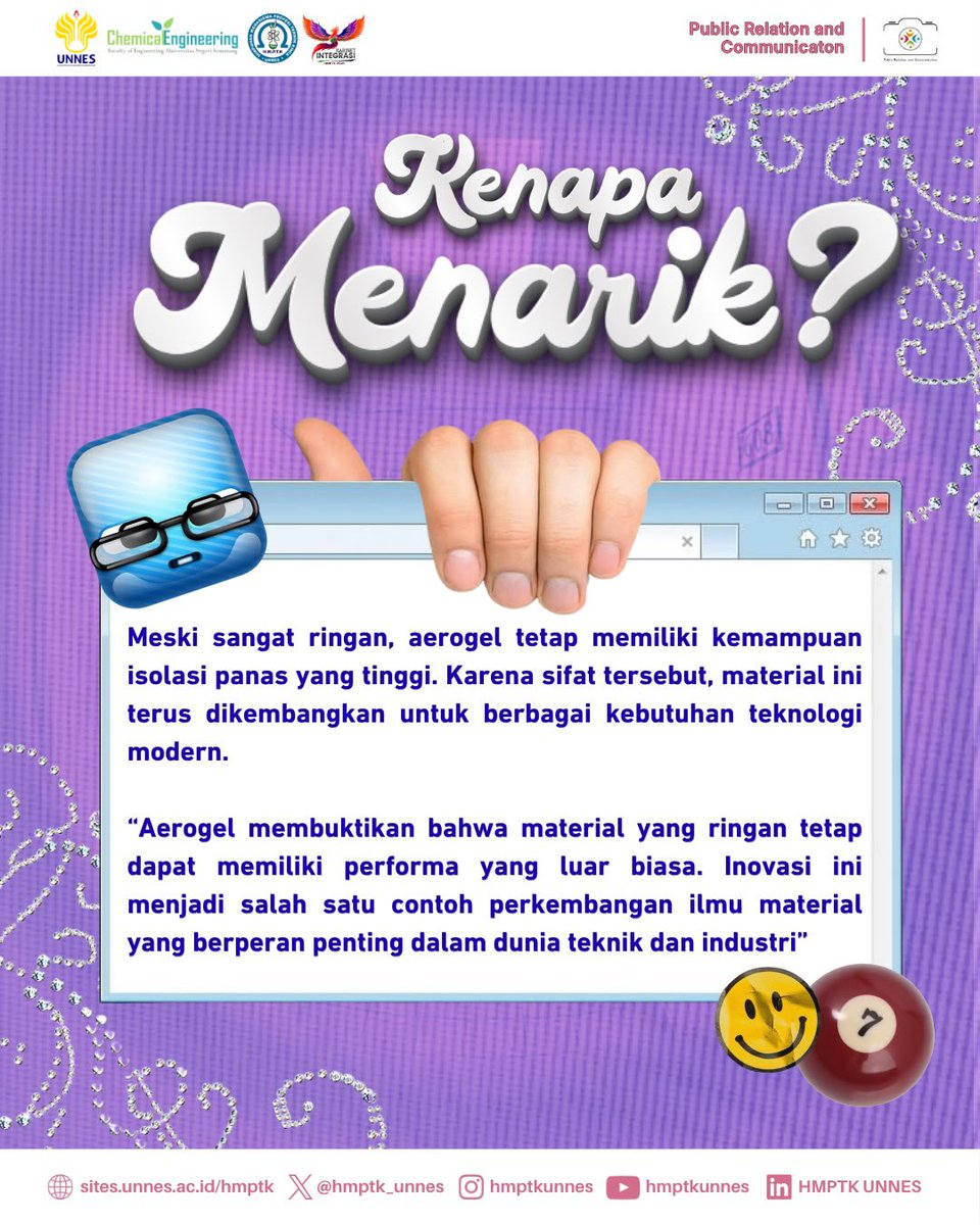 hmptk_unnes's tweet photo. [CHEMIST JULI]

Halo Civitas Akademika👋

Ada material yang tampak padat, tetapi hingga sekitar 99% volumenya terdiri dari udara. Material ini dikenal sebagai aerogel, salah satu material paling ringan yang memiliki kemampuan isolasi panas yang sangat baik ☁️ https://t.co/wrY2FQwMHY