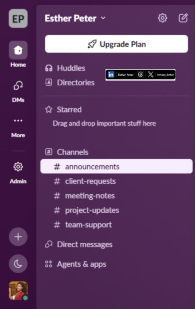 Virtualy_Esther's tweet photo. Hereโs a Slack workspace I built to keep team communication organized.
Dedicated channels make it easier to manage updates, discussions, and projects in one place.
#VirtuallyWithEsther #ExecutiveAssistant #AdministrativeAssistant #Slack #OperationsSupport https://t.co/vL9uhEU5fa