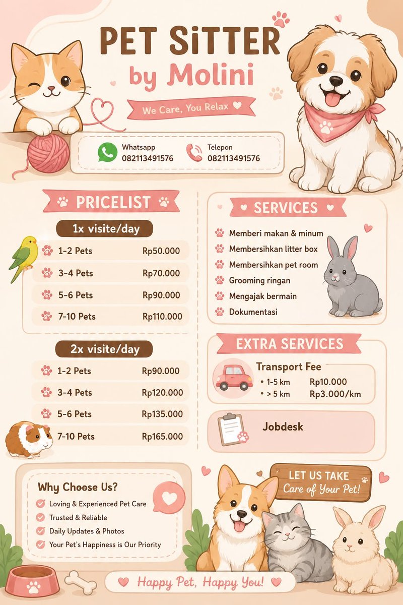 nataeeds's tweet photo. Buat yang mau liburan tanpa harus kepikiran anabul dirumah bisa banget nih pakai jasa kita, lok tangsel
untuk diluar itu bisa di diskusikann dulu yaw ✨🫰🏻🤍 
#petsitter #zonauangㅤ
#anabul https://t.co/VaEX5jvmdp