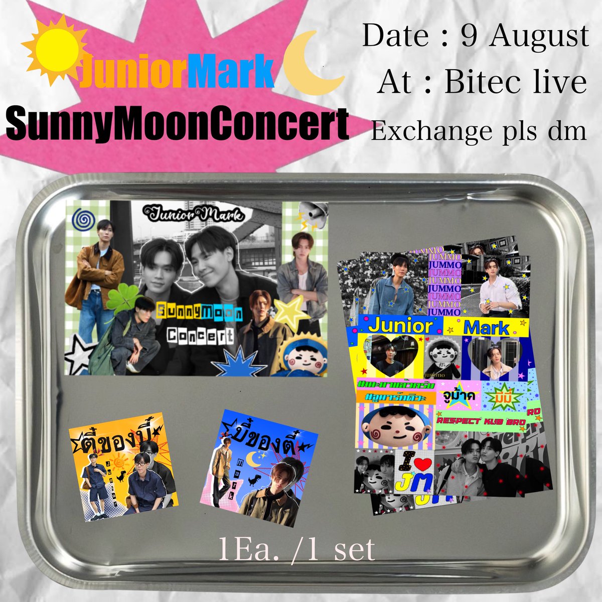 Natacha_bacon's tweet photo. Pls kindly rt
~~ 100 set

1 set
-sticker A6 1ea.
-postcard  1ea.
-stickers 4x4  2ea.

📍Bitec live
Time : tba 
Date : 9 August 
Exchange pls dm ka
#JuniorMarkconcert 
#JuniorMarkSunnyMoonConcert https://t.co/6XJIM9v7xc