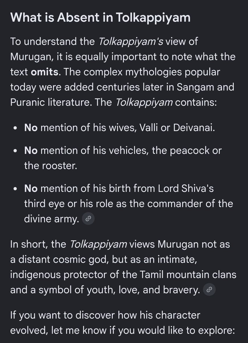 Thought_Wander's tweet photo. To all Tamil brothers and sisters! Must read thread! About Murugan.

Seems, Tholkappiyam is the sole corpus that talks about Our real deity murugan. It doesn't mention valli deivanai stories, no rooster/peacock. No birth from Shiva's third eye or no Shiva's commander, whereas https://t.co/n26sVtQ4Qv