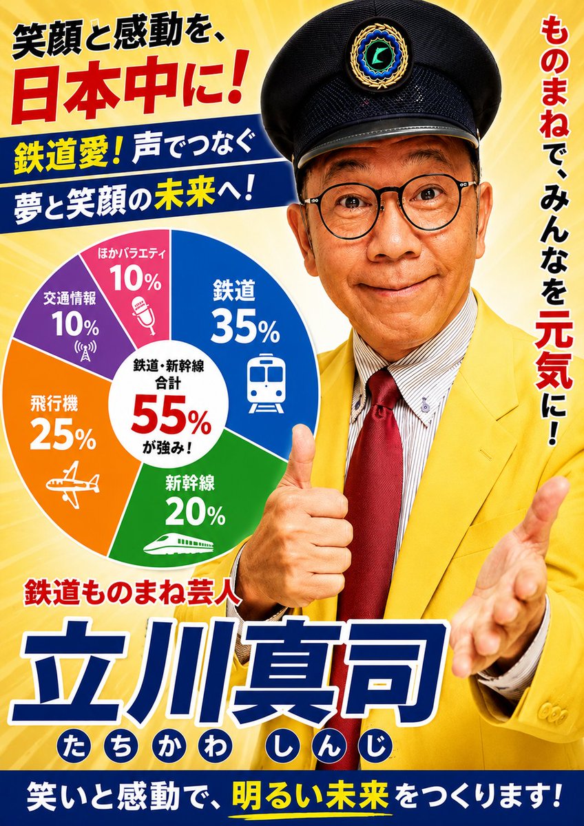 denshamonomane's tweet photo. 鉄道ものまね芸人立川真司の選挙ポスターみたいな資料公開。ものまね比率をグラフ化。更に分かり易く、特殊なマネを推進します(笑） #立川真司 #ものまね #鉄道 https://t.co/gPB1j4Vk0q