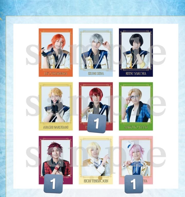 tpdddw's tweet photo. 【交換】　あんステ　レクイエム ランダム チェキ風カード

譲︰画像数字の瀬名 泉、司、真、真緒、英智、桃李
求︰凛月、レオ

瀬名は返礼祭衣装との交換優先。
本日7/1開演前または幕間手渡し、郵送可。
よろしくお願いいたします。 https://t.co/494NWgTbQD