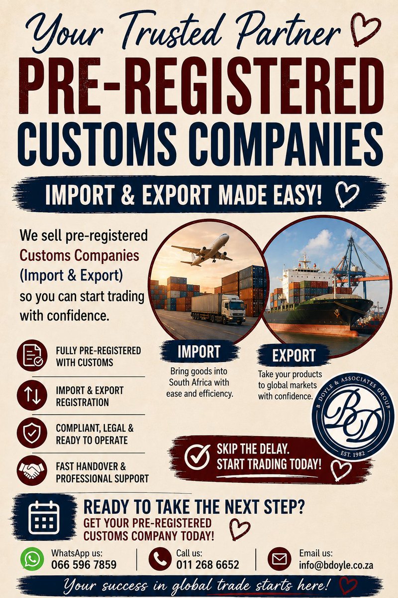 BdoyleGroupSA's tweet photo. #ImportExport #PreRegistered #ShelfCompanies #CustomsCompanies #ImportandExportShelfCompanies #PreRegisteredImportExport #StartYourBusiness #TradeReady #BeSure #BeSmart #BeProfessional #BDoyle https://t.co/xnMiIKJW8s