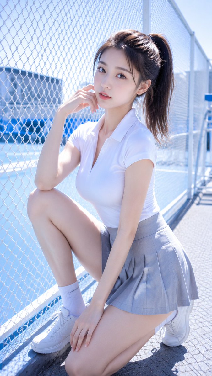 liyue_ai's tweet photo. GPT Image 2生成「冷白清透CCD生活照风」×「球场边清爽生活照」。 

- 白色围网、浅蓝看台、冷白Polo、雾灰百褶裙，全都在往“清爽”一个方向收，所以画面看起来特别轻、特别透。
- 再加上回头、扶头发、马尾带一点风感，就很像球场边被CCD随手捕捉到的一瞬间，不甜腻，也不网红，反而有种很真实的好看。  
- 这种图真正上头的，不是运动感有多强，而是干净、明亮、轻微心动感全都刚刚好。  

提示词见评论区。