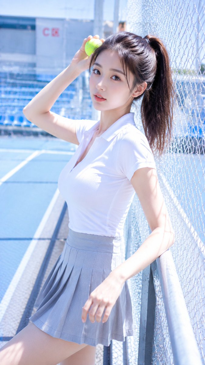 liyue_ai's tweet photo. GPT Image 2生成「冷白清透CCD生活照风」×「球场边清爽生活照」。 

- 白色围网、浅蓝看台、冷白Polo、雾灰百褶裙，全都在往“清爽”一个方向收，所以画面看起来特别轻、特别透。
- 再加上回头、扶头发、马尾带一点风感，就很像球场边被CCD随手捕捉到的一瞬间，不甜腻，也不网红，反而有种很真实的好看。  
- 这种图真正上头的，不是运动感有多强，而是干净、明亮、轻微心动感全都刚刚好。  

提示词见评论区。