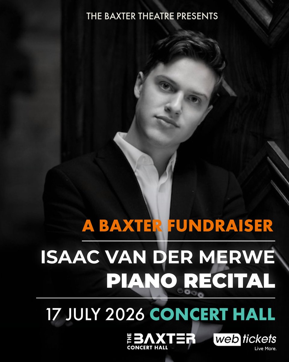BaxterTheatre's tweet photo. Join us for a special Baxter Fundraiser featuring Isaac van der Merwe’s Piano Recital on Friday, 17 July 2026, at 18:30. Enjoy masterpieces by Mozart and Berg while supporting the Baxter Theatre's mission. Book here: https://t.co/FvntYpAlqg https://t.co/QACRveD5w5