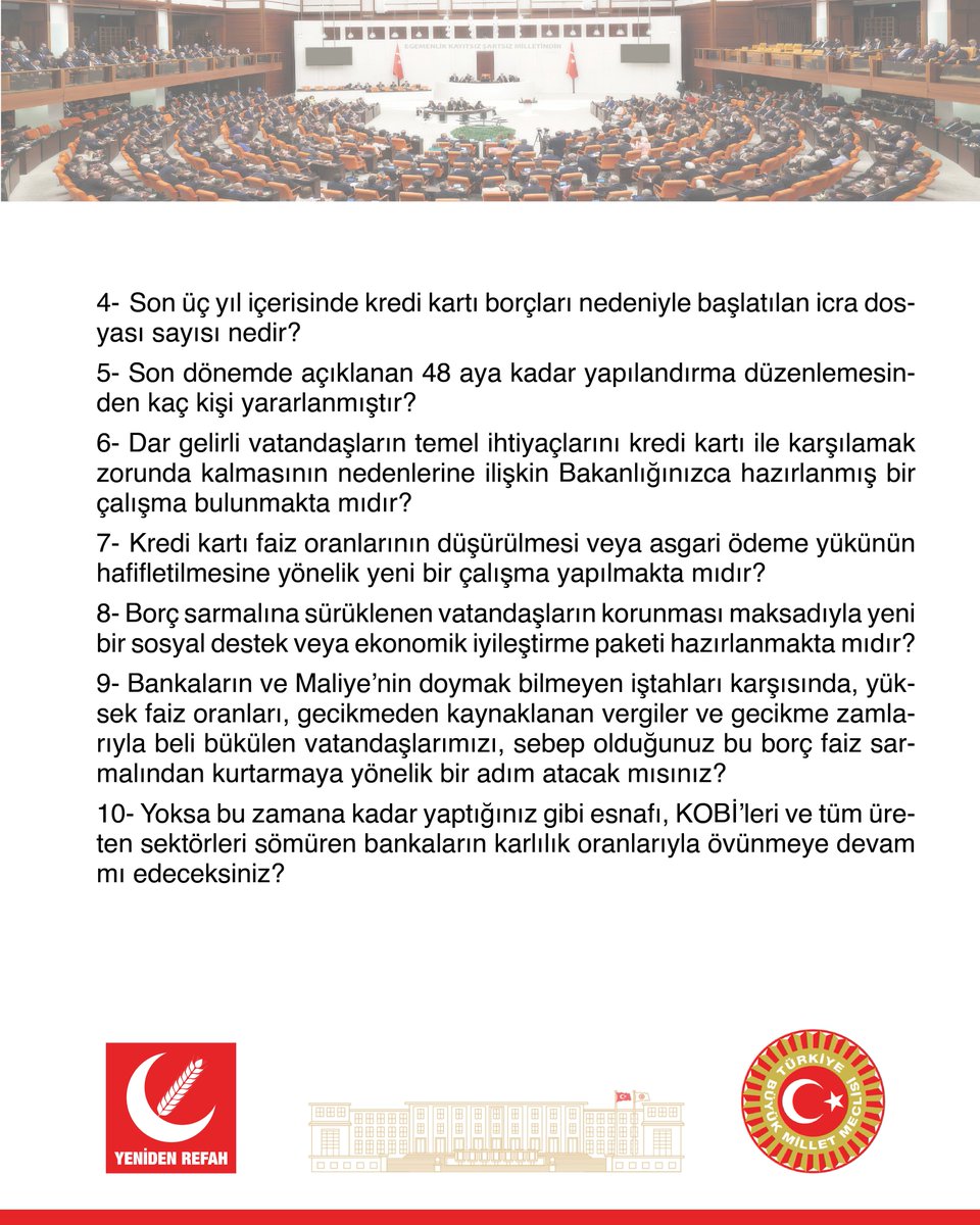 rprefahpartisi's tweet photo. Milyonlarca vatandaş artık gıda, kira ve faturalarını dahi kredi kartıyla karşılamak zorunda kalmaktadır. 3 trilyon TL'yi aşan kredi kartı borcu, iktidarın ekonomi politikalarının vatandaşları ağır bir borç sarmalına sürüklediğini göstermektedir. Maaşı geçinmeye yetmeyen milyonlarca kişi asgari ödemeyi bile yapamaz hâle gelirken, icra ve yasal takip dosyalarındaki artış ekonomik krizin toplum üzerindeki yıkıcı etkisini gözler önüne sermektedir. Konu ile ilgili yazılı soru önergemiz, Konya Milletvekilimiz Ali Yüksel tarafından TBMM’ye sunulmuştur.