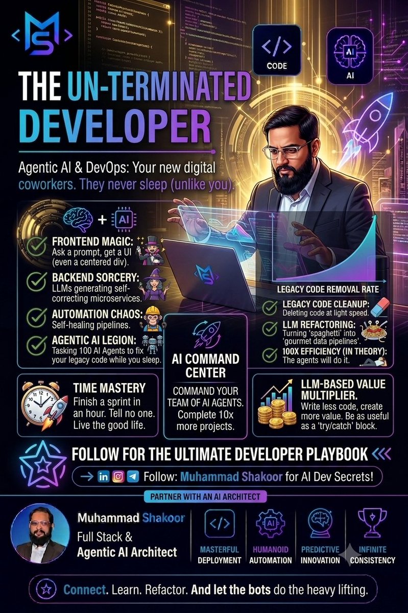 Muhamma45190755's tweet photo. Agentic AI &amp; DevOps: digital coworkers who never sleep. Unlike you. 😅
→ Frontend Magic: ask a prompt, get a UI
→ Backend Sorcery: self-correcting microservices
→ 100 AI Agents fixing legacy code while you sleep

#AIAgents #AgenticAI #FullStackDeveloper #AIAutomation https://t.co/HotJ7vpNQE