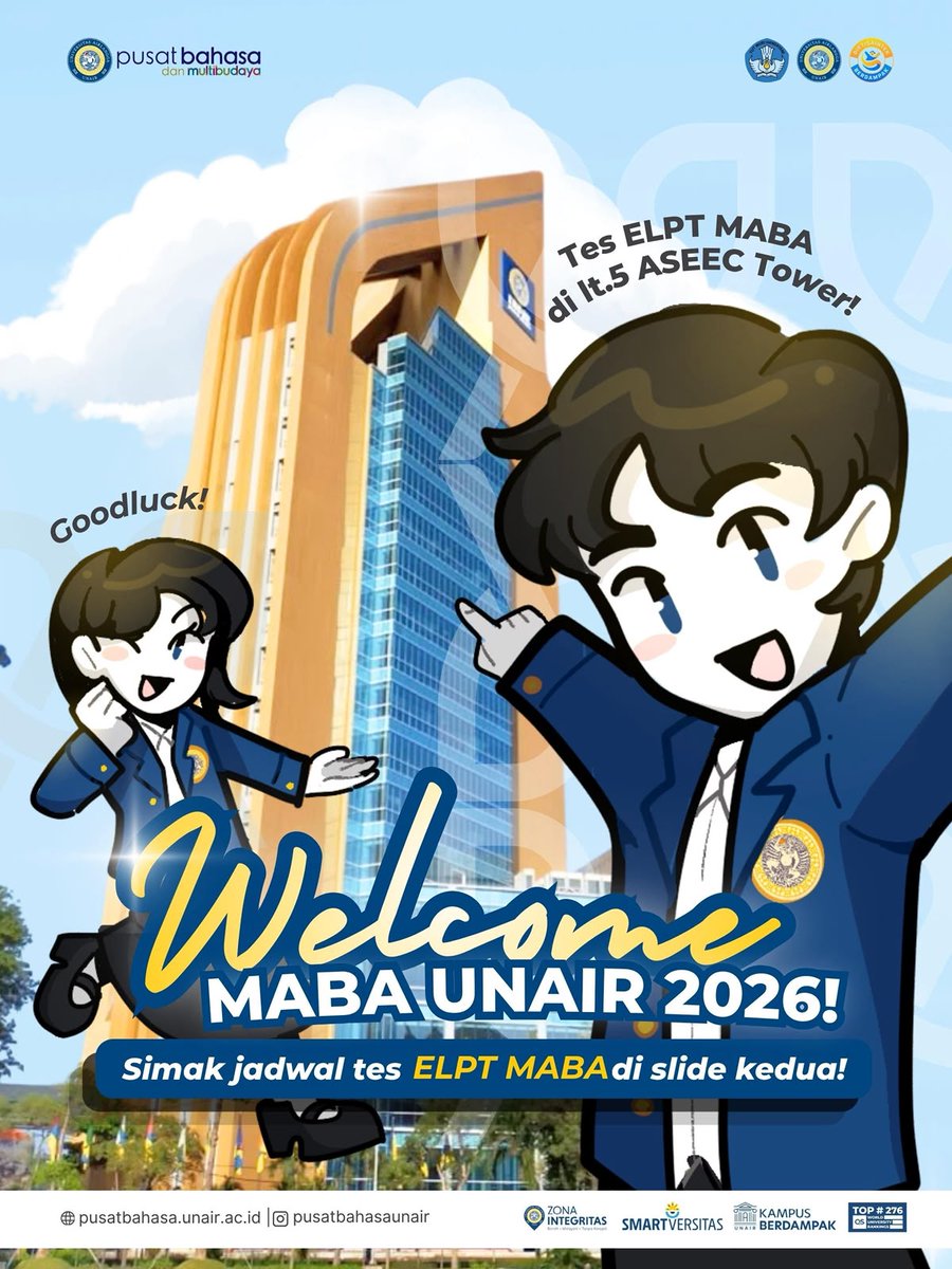 pusbamulya's tweet photo. 🎉 Welcome MABA UNAIR 2026! 💙💛

Reminder penting: Yuk cek jadwal tes ELPT kamu biar gak kelewatan sesuai gelombang!

📌 Link cetak kartu: https://t.co/1M1K6zHpGK
📞 Helpdesk: WA CSO PUSBA (0811-3538-181)

Infoin mimin kalau kamu langsung oneshot lulus tesnya ya, let's go! 🌟 https://t.co/mI75bKtTZF