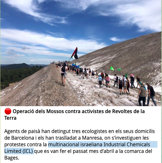 tomkucharz's tweet photo. Mi repudio a las detenciones de activistas de Revoltes de la Terra. El gobierno de @socialistes_cat criminaliza la lucha ecologista y la movilización contra el genocidio del pueblo palestina, concretamente contra la multinacional israelí Industrial Chemicals Limited (ICL). https://t.co/SPoBixK0yK
