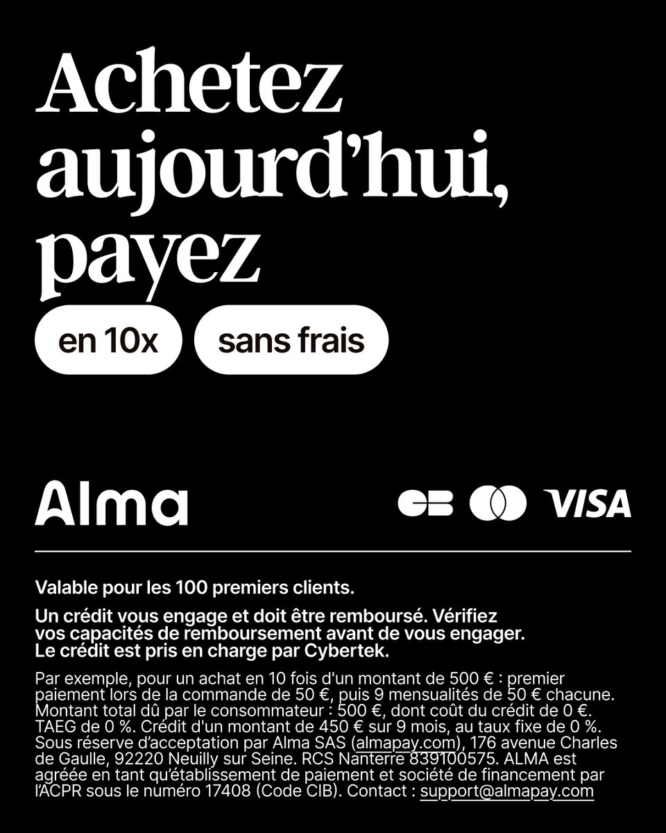 cybertek_fr's tweet photo. Achetez aujourd’hui, payez en 10x sans frais avec Alma chez Cybertek.

Une solution pratique pour étaler votre paiement sur une sélection d’achats, sans frais supplémentaires.

Offre valable pour les 100 premiers clients.

Découvrir l’offre 👇
https://t.co/8QEaNueNb0
Un crédit vous engage et doit être remboursé. Vérifiez vos capacités de remboursement avant de vous engager. Sous réserve d’acceptation par Alma.