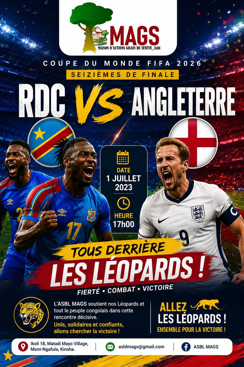 MagsAsbl's tweet photo. 🇨🇩 MESSAGE DE SOUTIEN AUX LÉOPARDS DE LA RDC 🇨🇩
À l'occasion de ce match décisif des seizièmes de finale de la Coupe du Monde de la FIFA 2026 face à l'Angleterre, l'ASBL MAGS adresse tout son soutien et ses encouragements à l'équipe nationale. https://t.co/uAMTvTTp8K
